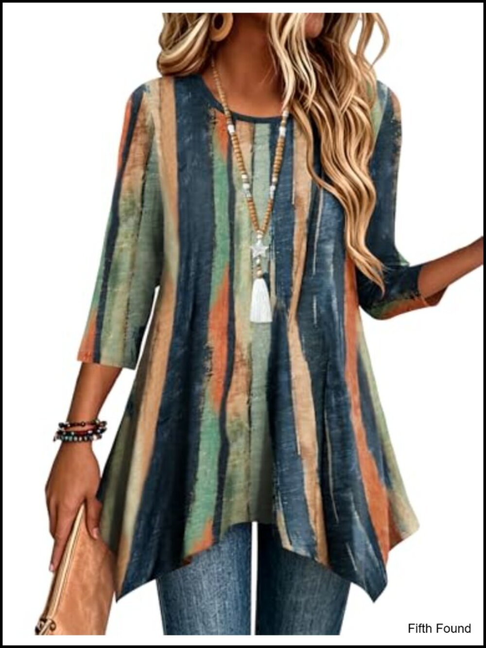 Womens 3/4 Sleeve Tunic Top Loose Fit Asymmetrical Hem Boho Shirt